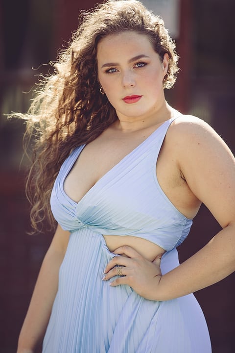 Model in a lavender gown at golden hour
