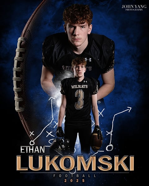 Football player composite poster on a blue background